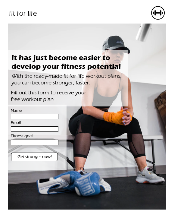 Fit for Life landing page with form asking for name, email, and fitness goal.