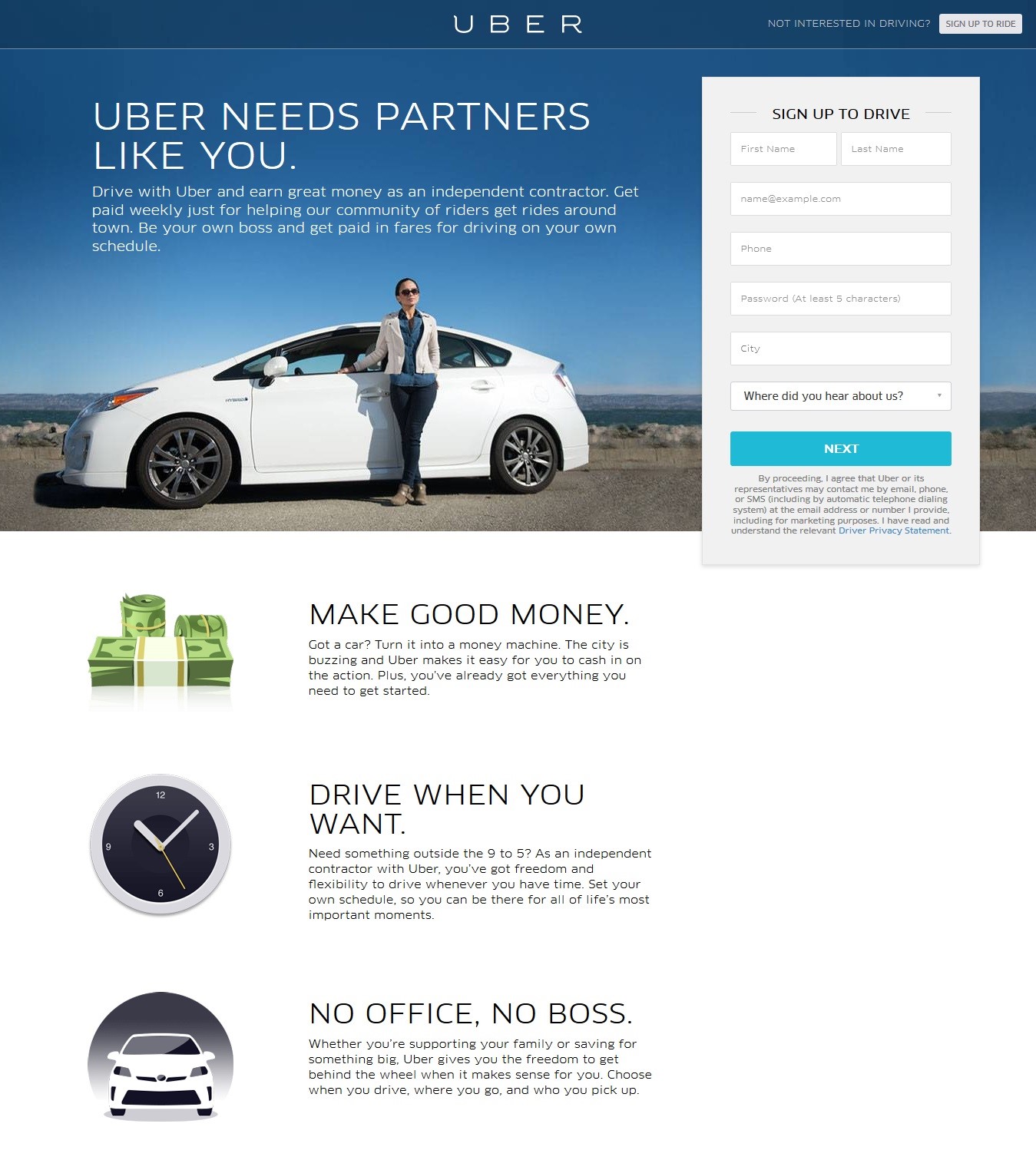Uber landing page asking you to create an account and give your city and where you heard of Uber.