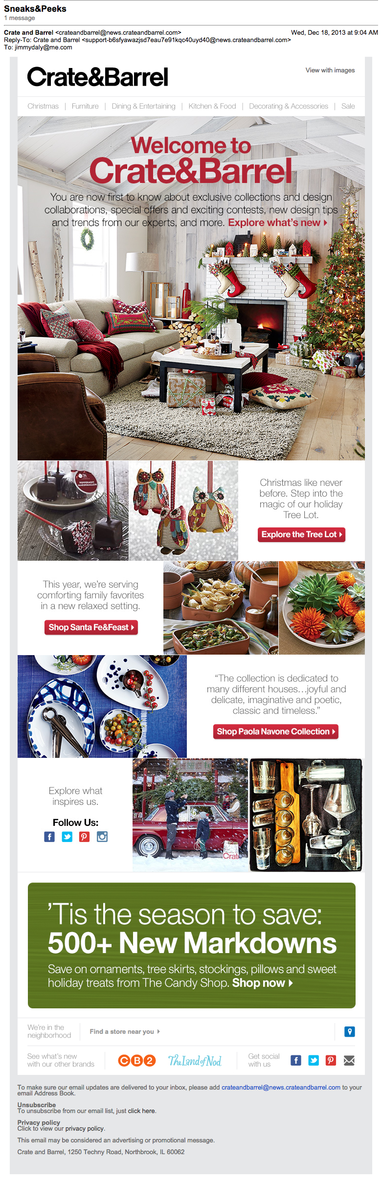 Screenshot of a marketing email from Crate&Barrel advertising Christmas decorations.