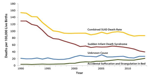 In this line graph, the yellow line shows a decline in the combined SUID Death Rate. The brown line shows the decline in Sudden Infant Death Syndrome. The blue line shows stability in unknown cause. The green line shows gradual increase in accidental suffocation and strangulation in bed.