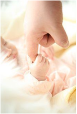 Infant grabbing an adult's finger