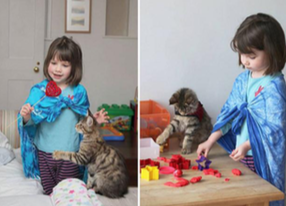 On the left, a girl is sitting on a bed while a cat is trying to play; on the right, the same girl and cat are playing with toys on a table