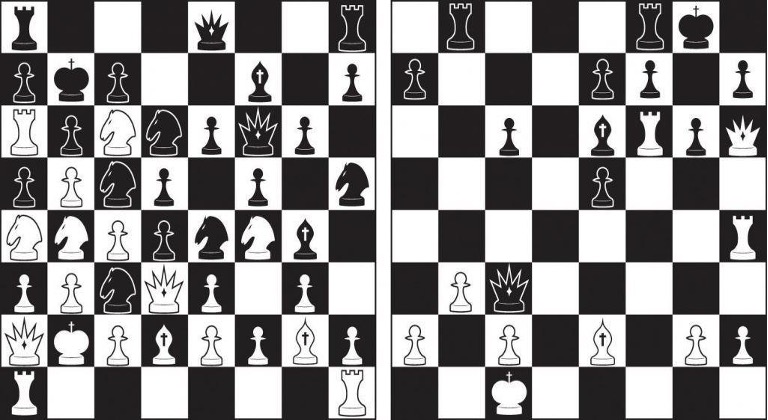 Two diagrams of different chess boards. On the left, this diagram illustrates a grouping of chess characters on a chessboard that is not possible according to the rules of the game; on the right, this diagram illustrates a realistic arrangement of chess characters on a chessboard.
