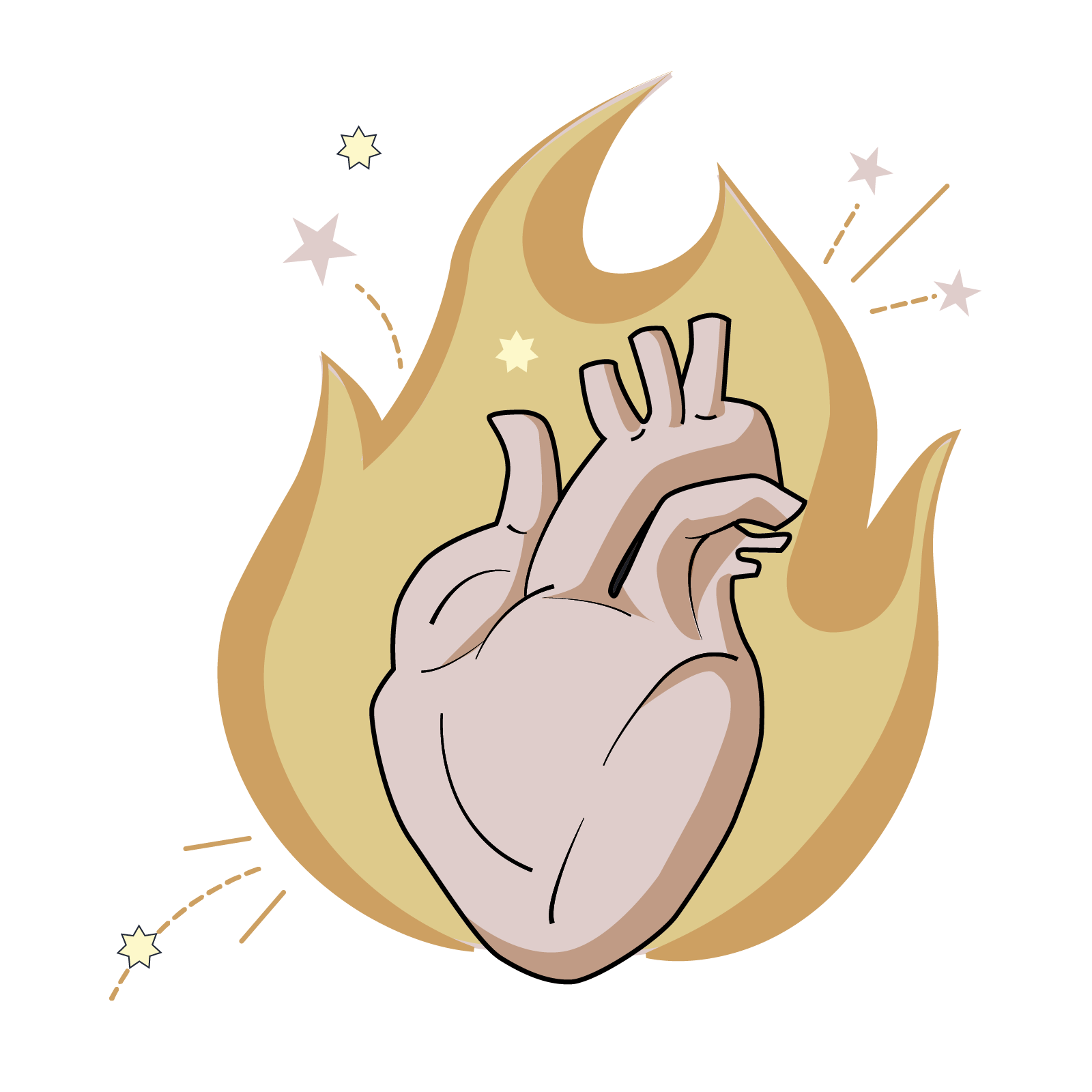 An illustration of a heart in front of a flame.