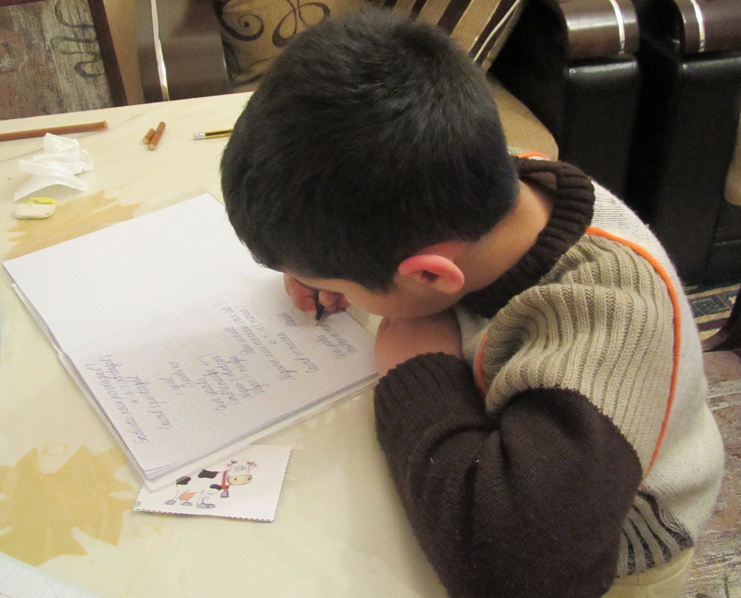 A young boy writing a test.