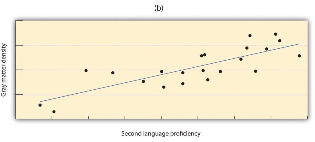 A scatter plot showing that grey matter density generally increases when a person has higher second language proficiency.