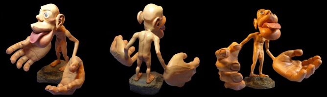 Two figurines of a homunculus. Figurine A is naked with beige skin, large hands that are open, bulbous chin and mouth with a pink tongue sticking out, and a thin body. Figurine B is naked with white skin, large hands closed in a fist, a long chin and mouth with its tongue sticking out, and a thin body. A figurine of a homunculus. It is naked with beige skin, large hands that are open, bulbous chin and mouth with a pink tongue sticking out, and a thin body.