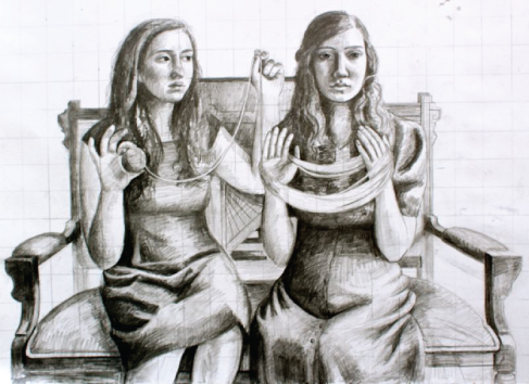 Illustration of two people sitting on a bench. One winds thread around her hands; the other holds the loose end and the ball of thread. Illustration of two people sitting on a bench. One winds thread around her hands; the other holds the loose end and the ball of thread.