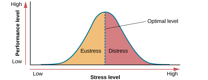 A graph features a bell curve that has a line going through the middle labelled “Optimal level.” The curve is labelled “eustress” on the left side and “distress” on the right side. The x-axis is labelled “Stress level” and moves from low to high, and the y-axis is labelled “Performance level” and moves from low to high.” The graph shows that stress levels increase with performance levels and that once stress levels reach optimal level, they move from eustress to distress.