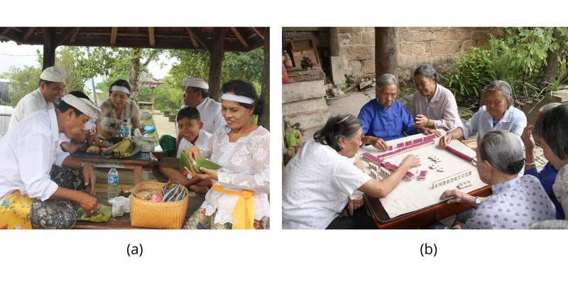 Two photographs show groups of people: a family preparing a meal, and a group of women playing mahjong.