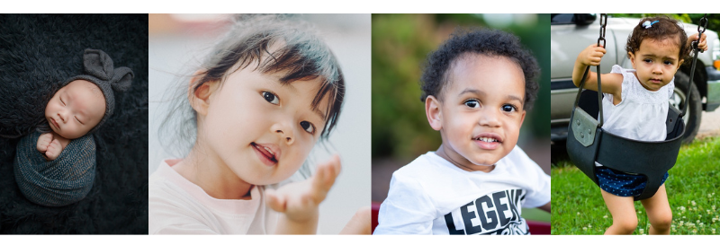 A collage of four photographs depicting babies is shown. From left to right they get progressively older. The far left photograph is a bundled up sleeping newborn. To the right is a picture of a toddler. To the right is a child sitting outside. To the far right is a child on a swing set.