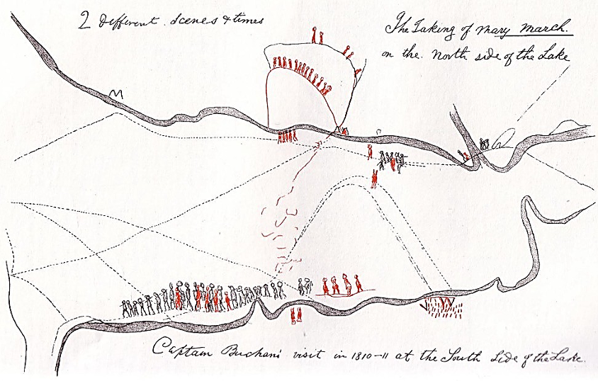 Hand-drawn, grey, white, and red, map, depicting of the kidnapping of Indigenous (Beothuk) woman Demasduwit (Mary March) in 1829, drawn by her niece Shanawdithit (Nancy April) in territory now known as Newfoundland and Labrador (Canada)