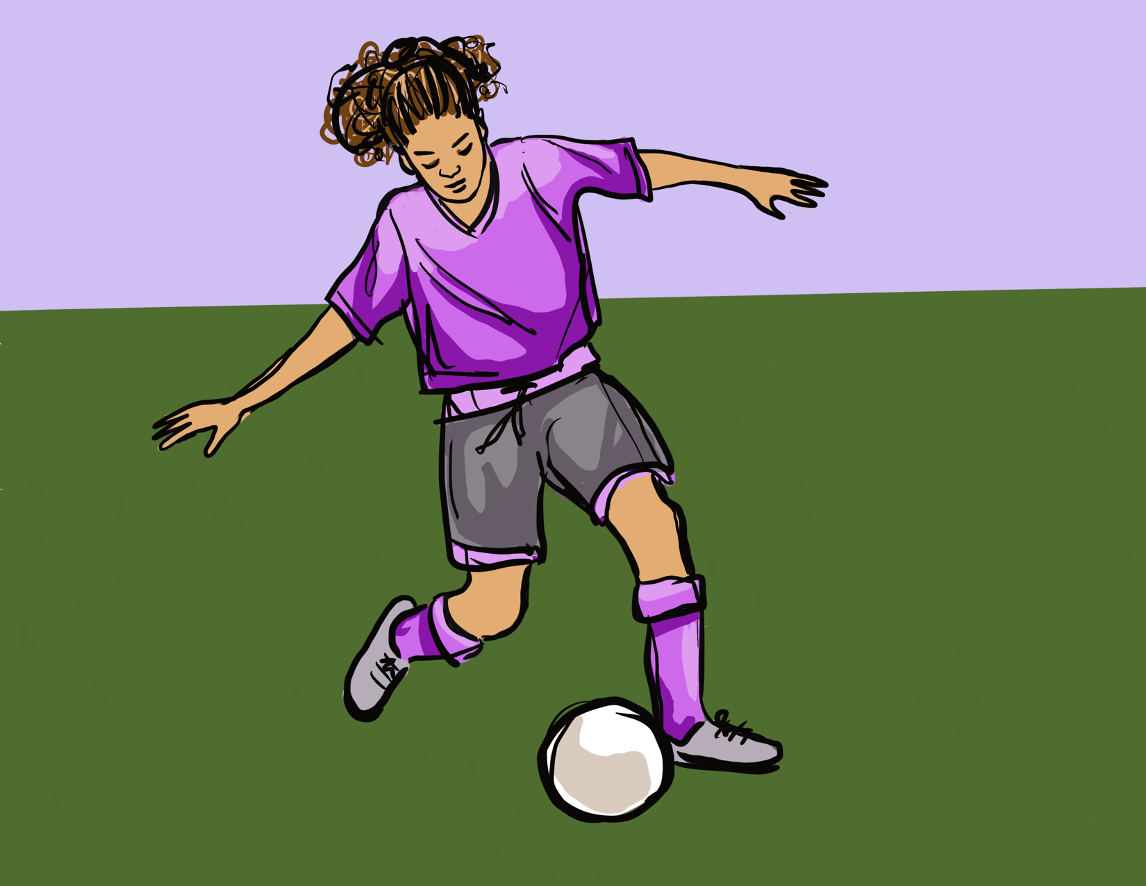 A girl kicks a soccer ball.