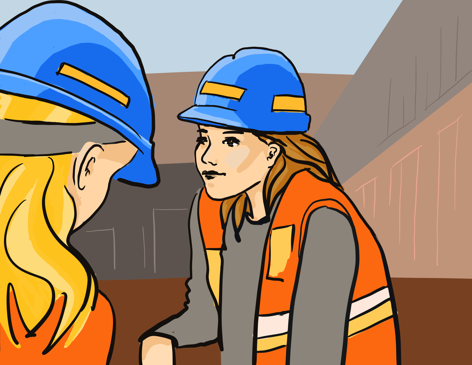 Two construction workers work through a problem.