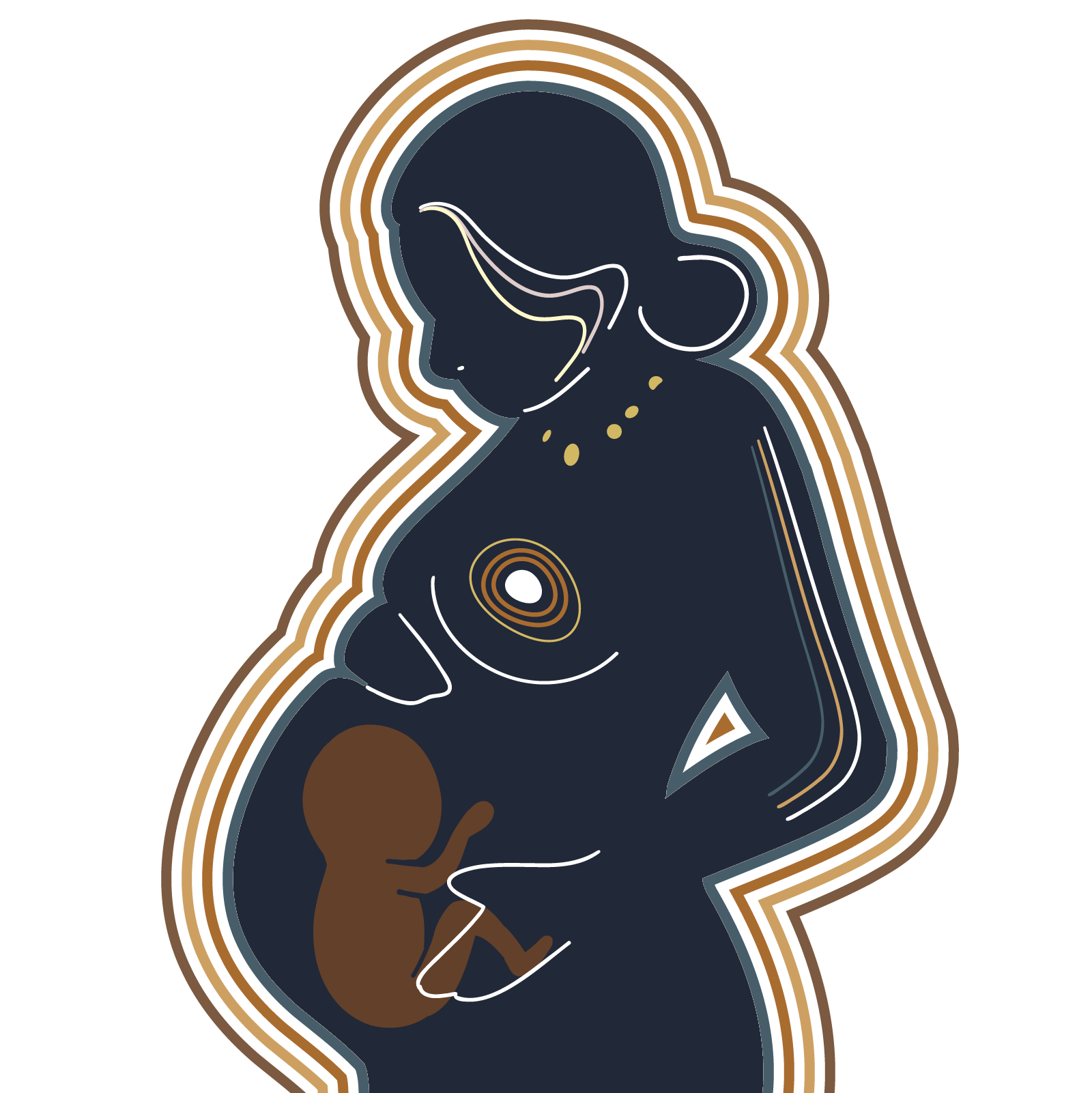 An illustration of a pregnant mother with a fetus in uetro.