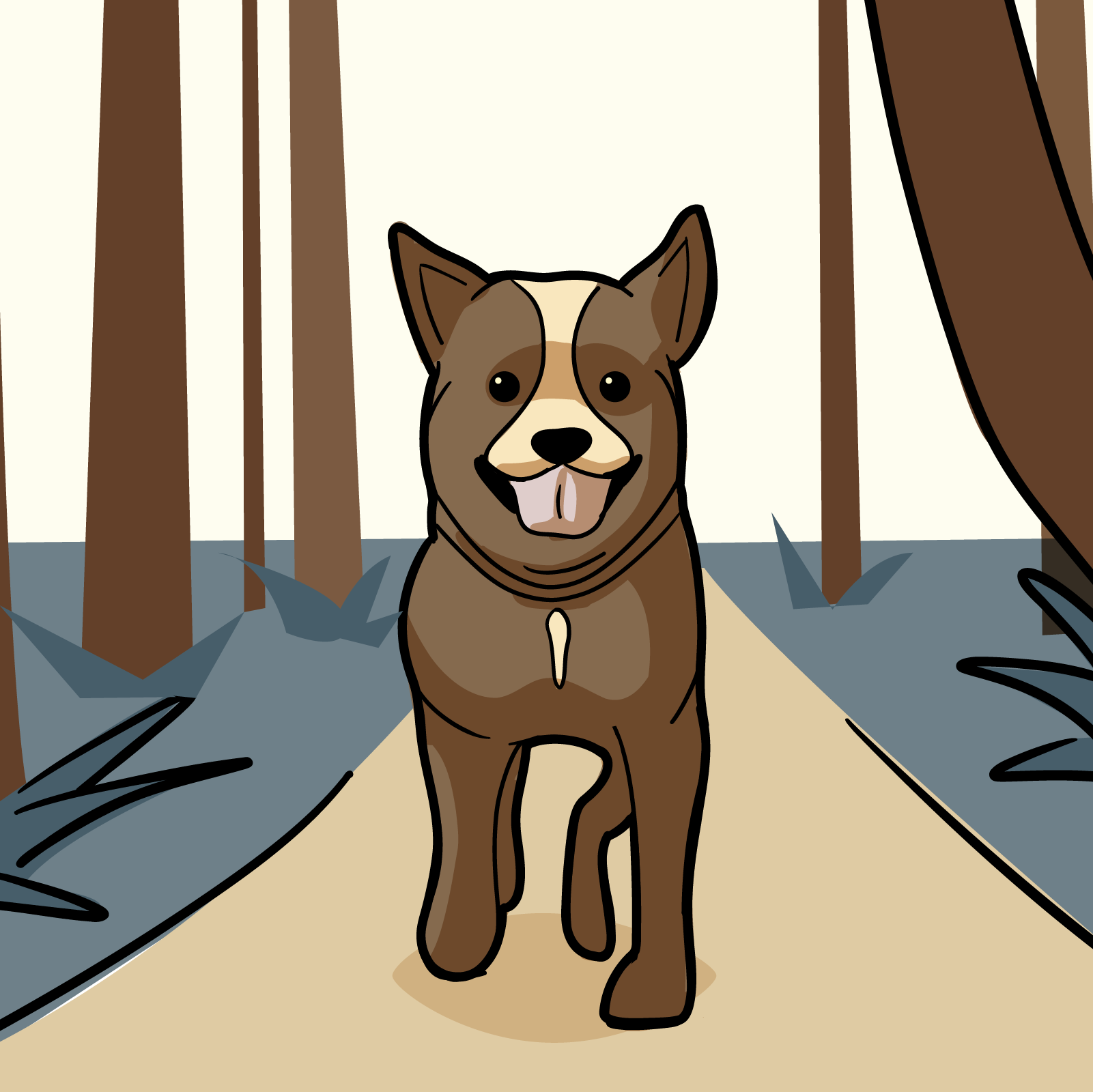 A dog walking down a trail.