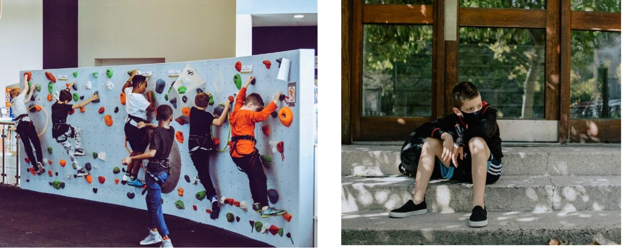 a) kids on test climb rock (b) boy in black t-shirt and blue denim jeans sitting on concrete bench.