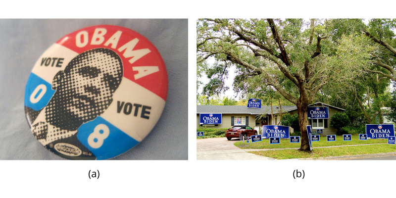 Photograph A shows a campaign button. Photograph B shows a yard filled with numerous signs.