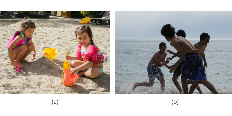 (a) Two children playing in the sand at a beach. (b) Children playing in the shallow water at the beach.