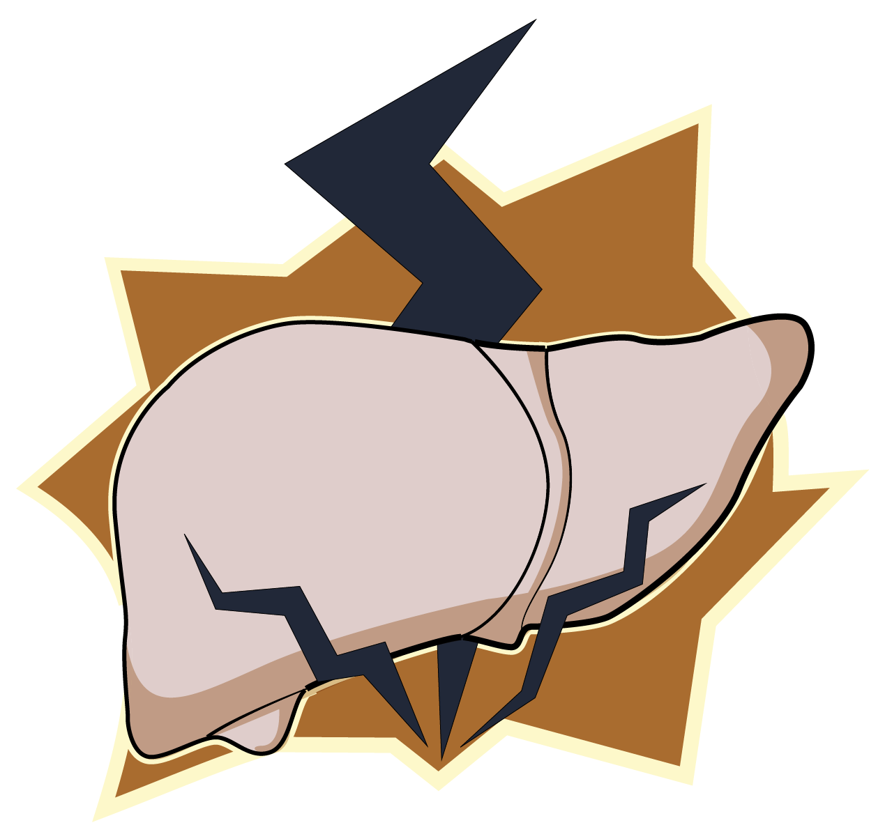 An illustration of a liver organ with lightning going through it on a brown background.