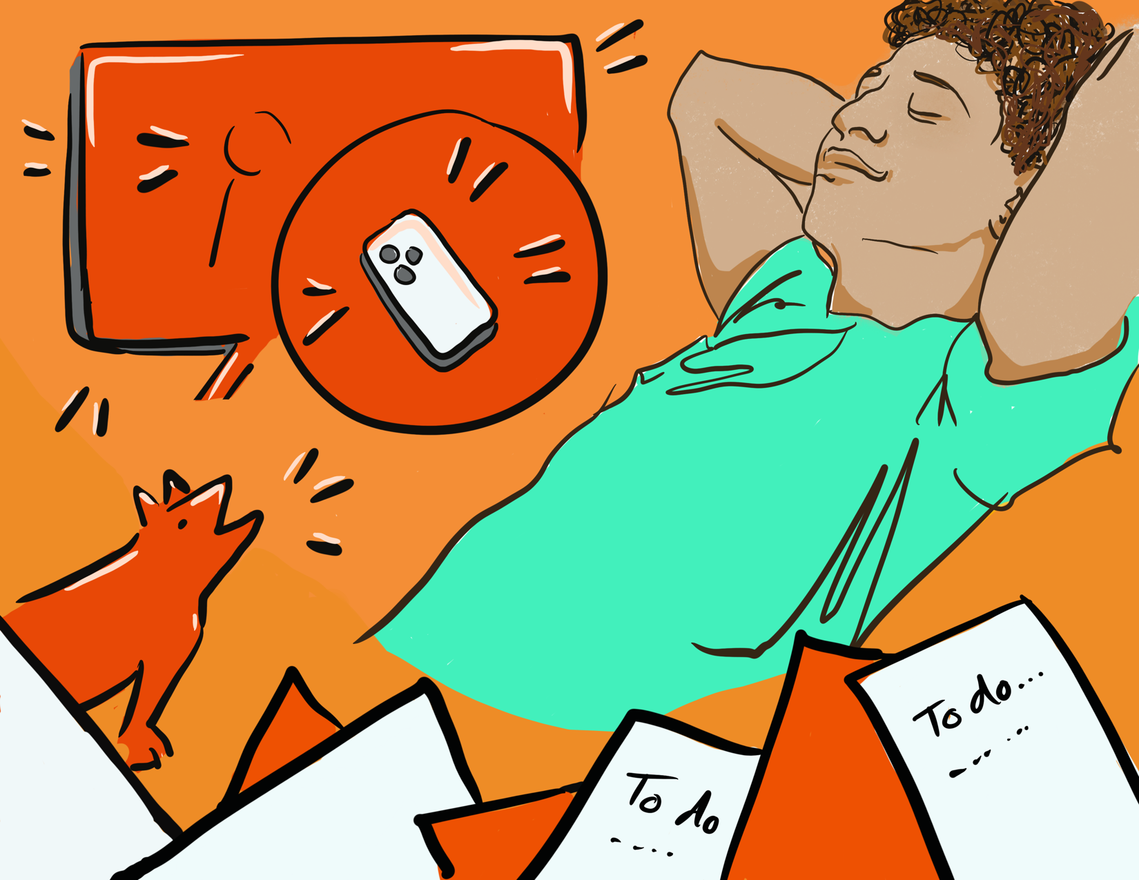 A person sleeps through a barking dog, a TV, phone alerts and despite a pile of "to do" lists. A colourful drawing of a person sleeping through the noise of a barking dog, a TV, phone alerts, and surrounded by a bunch of "to do" lists.