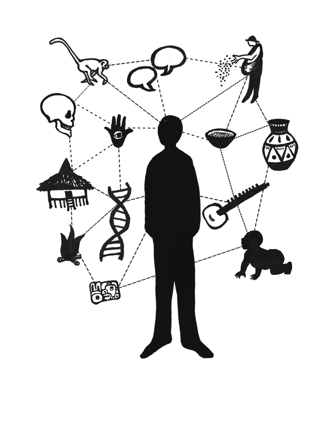 Silhouette of a person with a web of dotted lines representing elements of humanity.