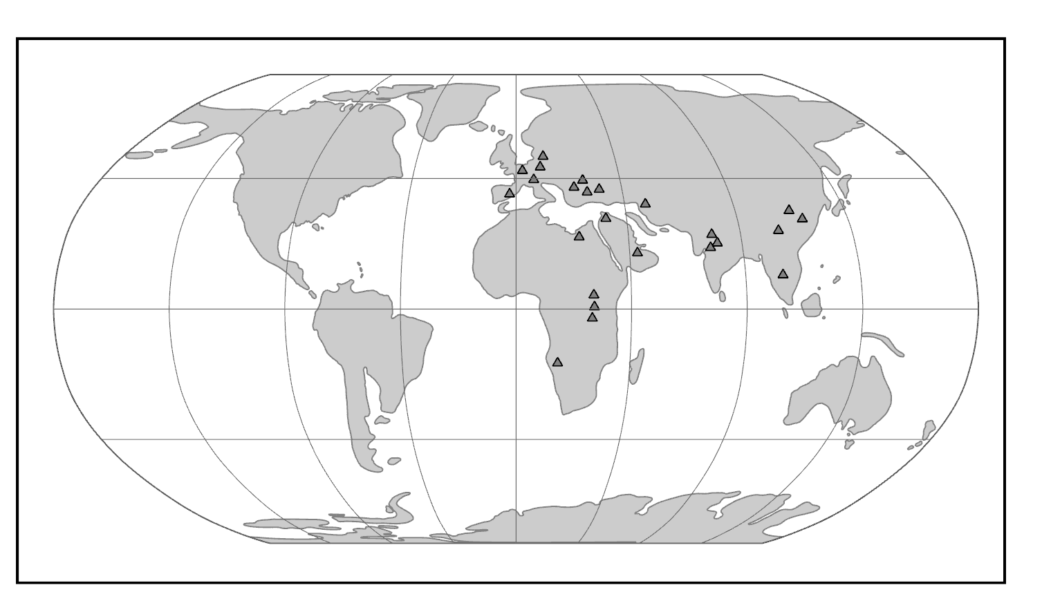 Map of world with gray continents.