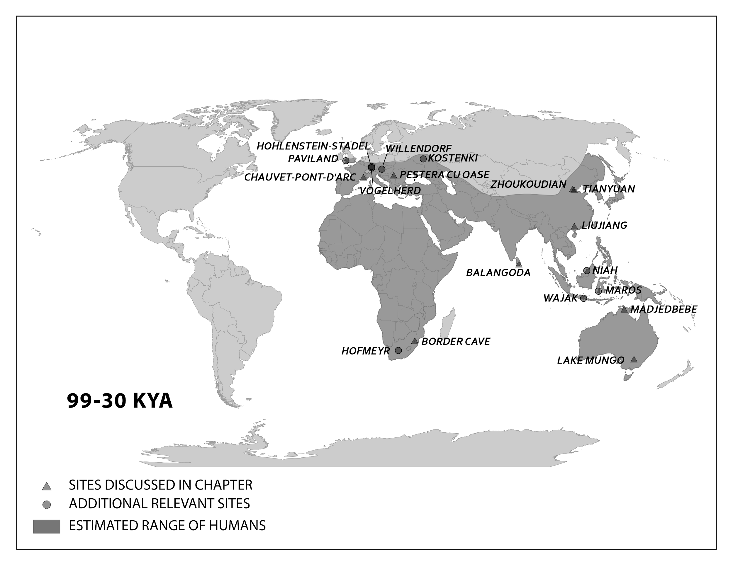 99 to 30 KYA. Africa, Indonesia, Australia, and southern portions of Europe and Asia are shaded.