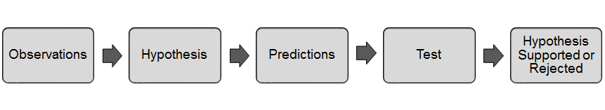 Five text boxes depict the steps in the scientific method.