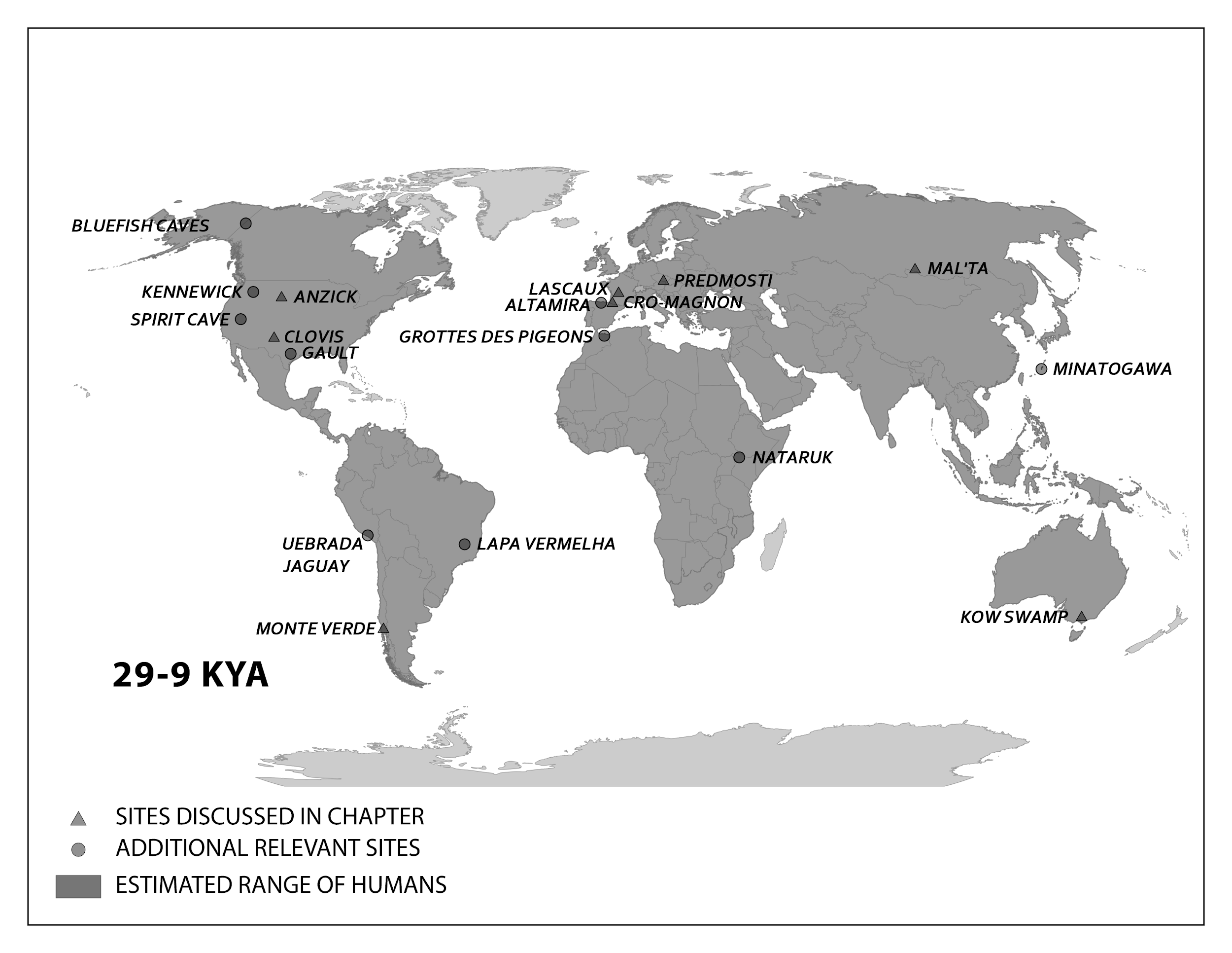 29 to 9 KYA. Shading covers most land except Antarctica, Greenland, and some islands.