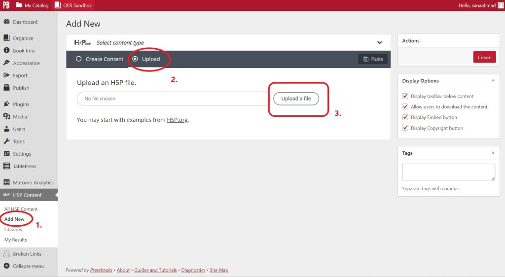 Screenshot of the Pressbooks backend in the H5P content tab with a red circle over the words "Add New" which is Step 1. Step 2 is "Upload" and Step 3 "Upload file"